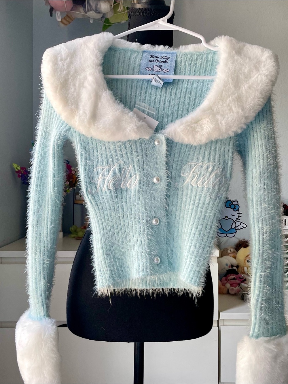 New Forever 21 Hello Kitty Pastel Blue Fuzzy Cardigan w/ Faux Fur Collar Size XS